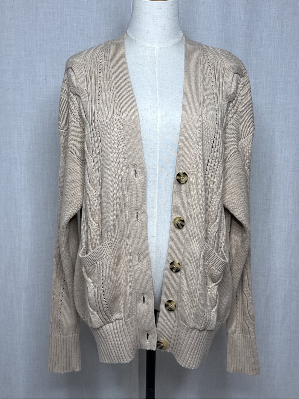 Minnie Rose Cable Knit Cotton Cashmere Cardigan Light Oatmeal Beige O/S